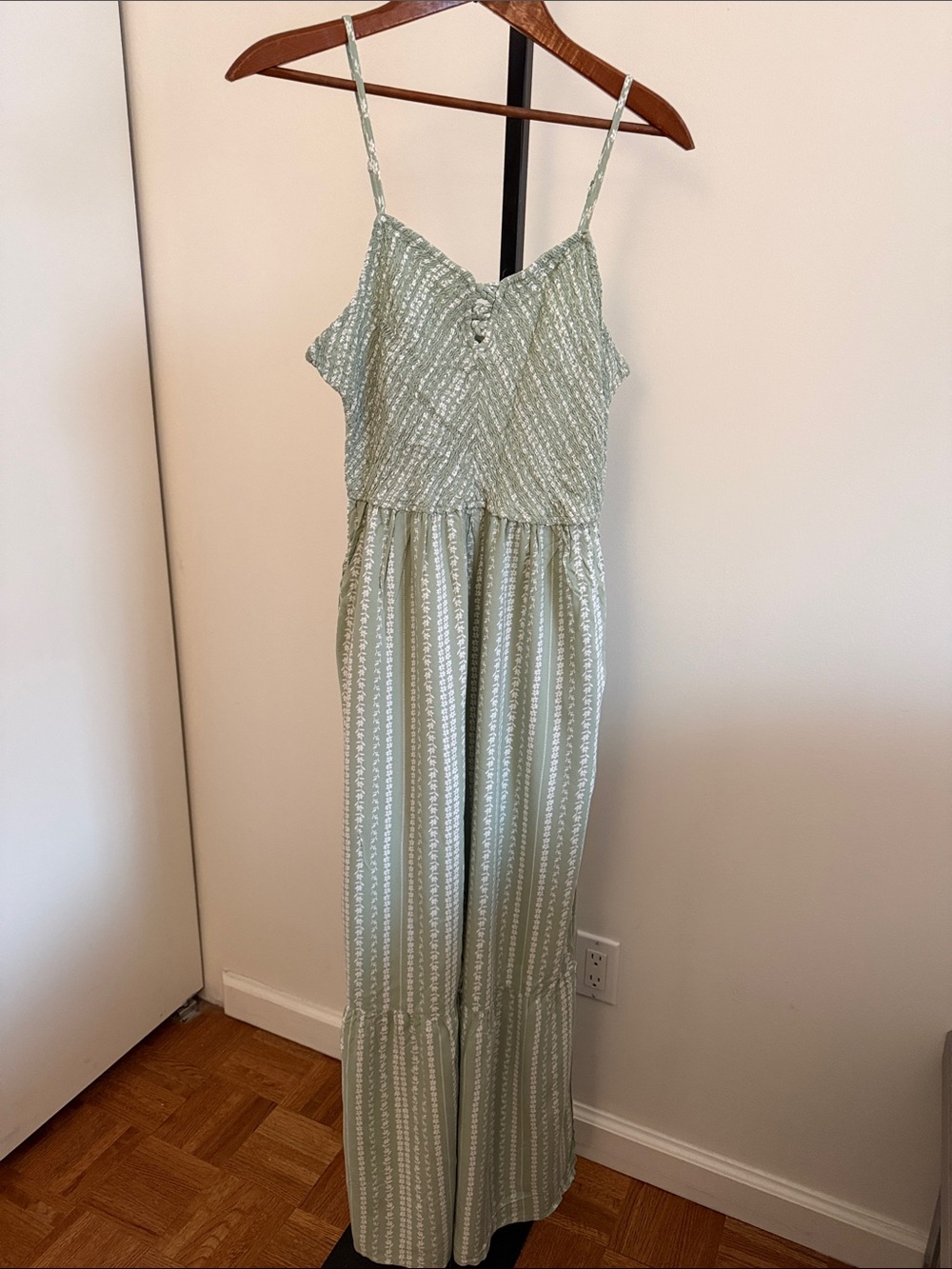 Sage Green Striped Spaghetti Strap Jumpsuit